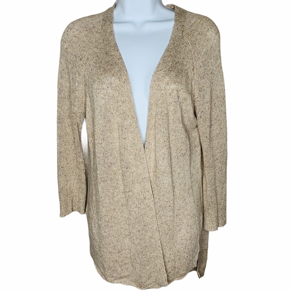 Brochu Walker Linen Blend Open Cardigan Sweater M Neutral 3/4 Sleeves Minimalist